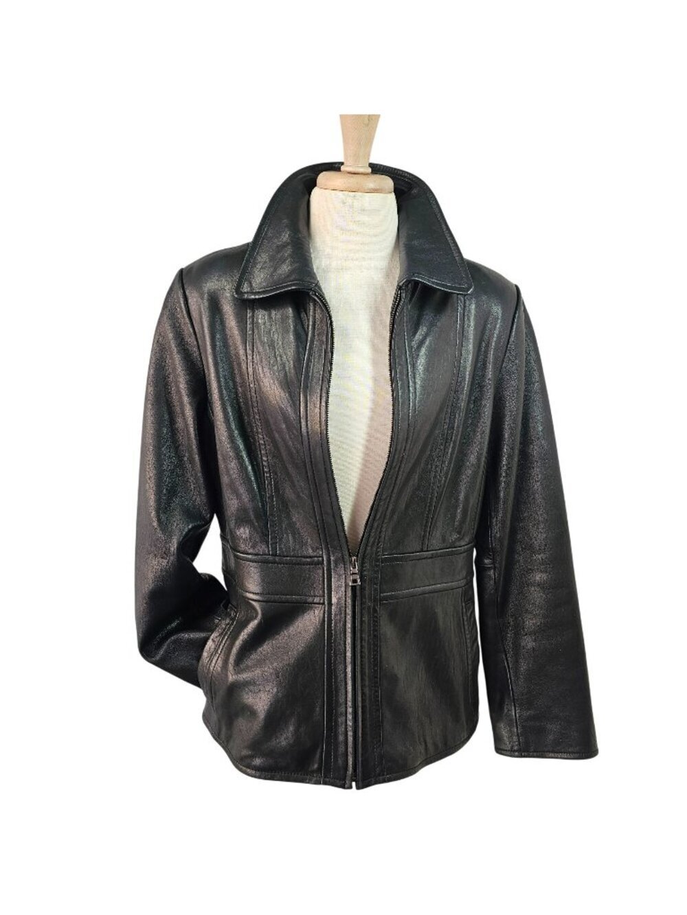 Avanti NY Y2K Women Black Leather Jacket Sz M Full Zip Structured Fit Collared